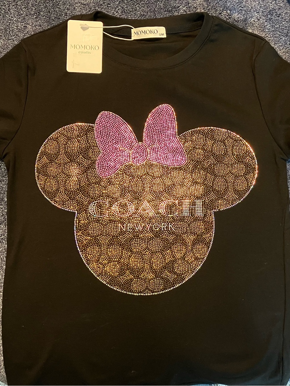 Momoko Black Short-Sleeve Tee with Pink Crystal Bow Motif